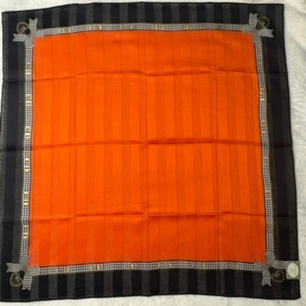 Vtg CHRISTIAN DIOR Scarf Handkerchief Striped Orange Black 19"